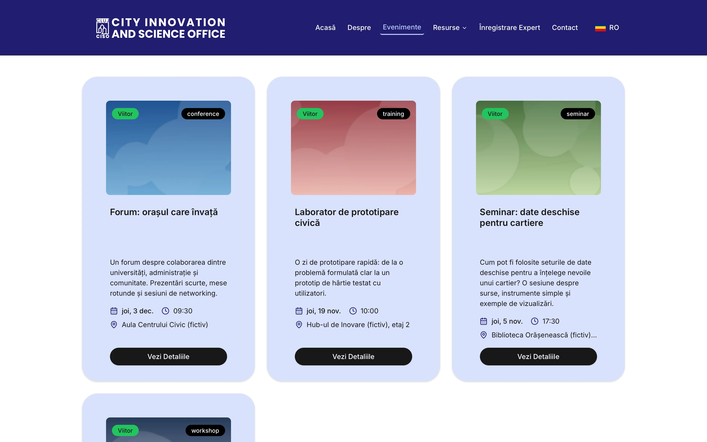Events page of the CISO platform: search, upcoming and past filters and event cards with an image, a status badge, a short description, the date and the time. Demo content.