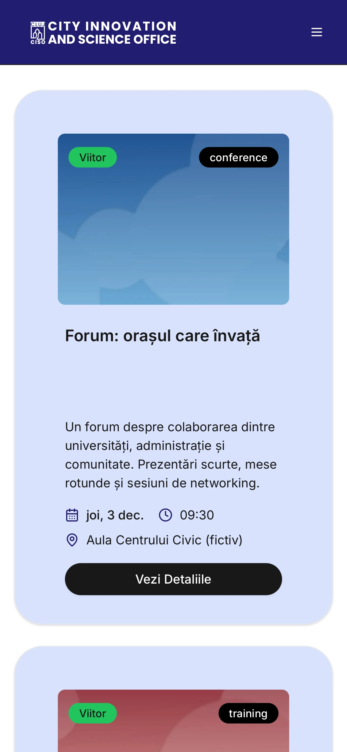 The events page on a phone: search, filters and the first event card with its poster and description.