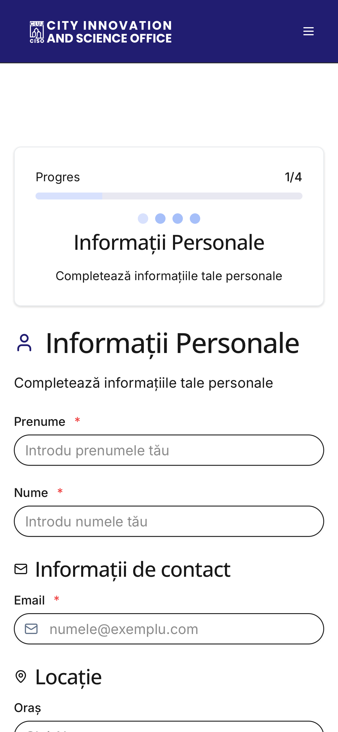 The expert registration wizard on a phone: progress for step one of four and the fields for first name, last name and email.