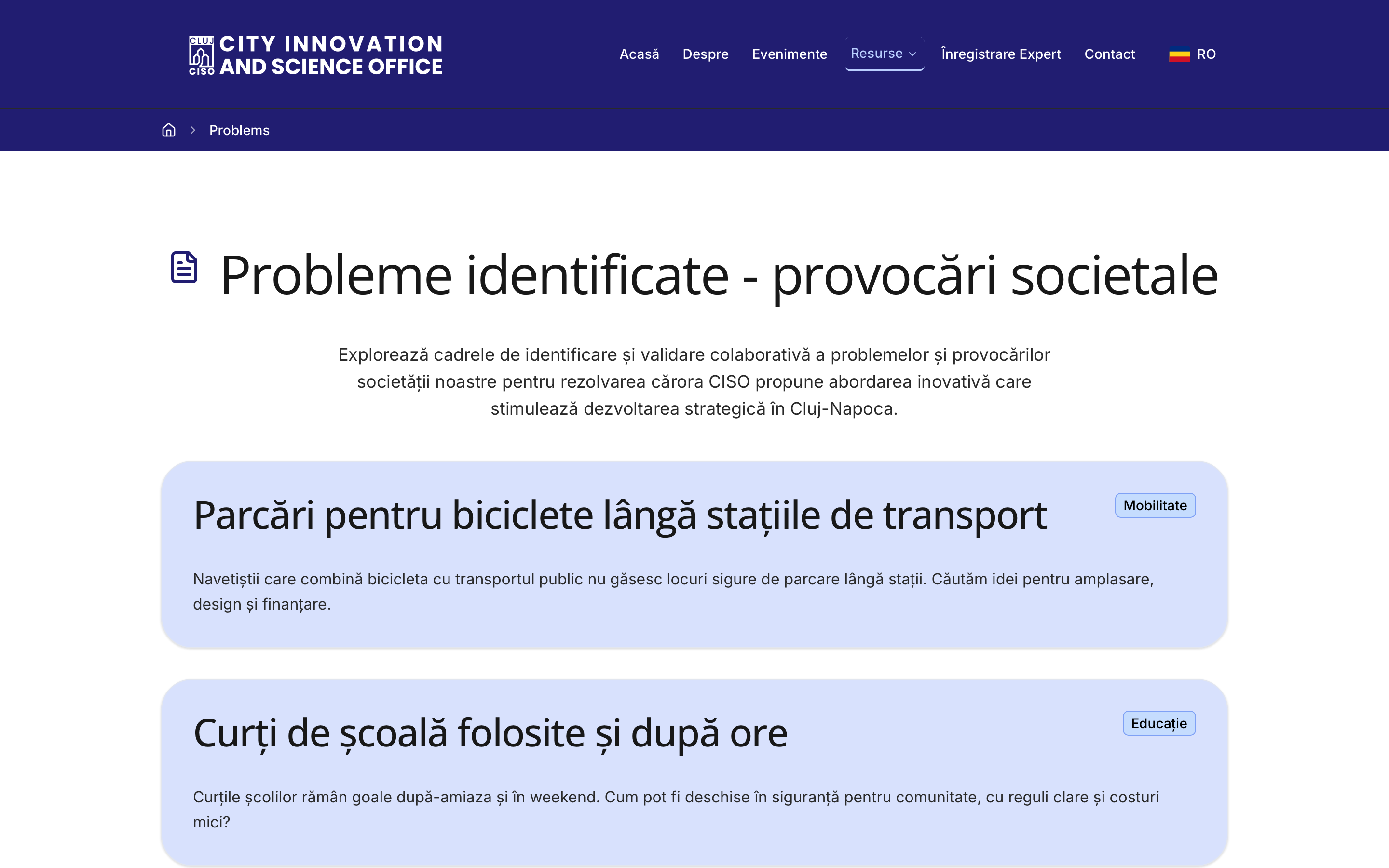 Problems page of the CISO platform: societal challenges identified with citizens and local actors, each as a card with a title, a topic tag such as rural development or education, and its context.