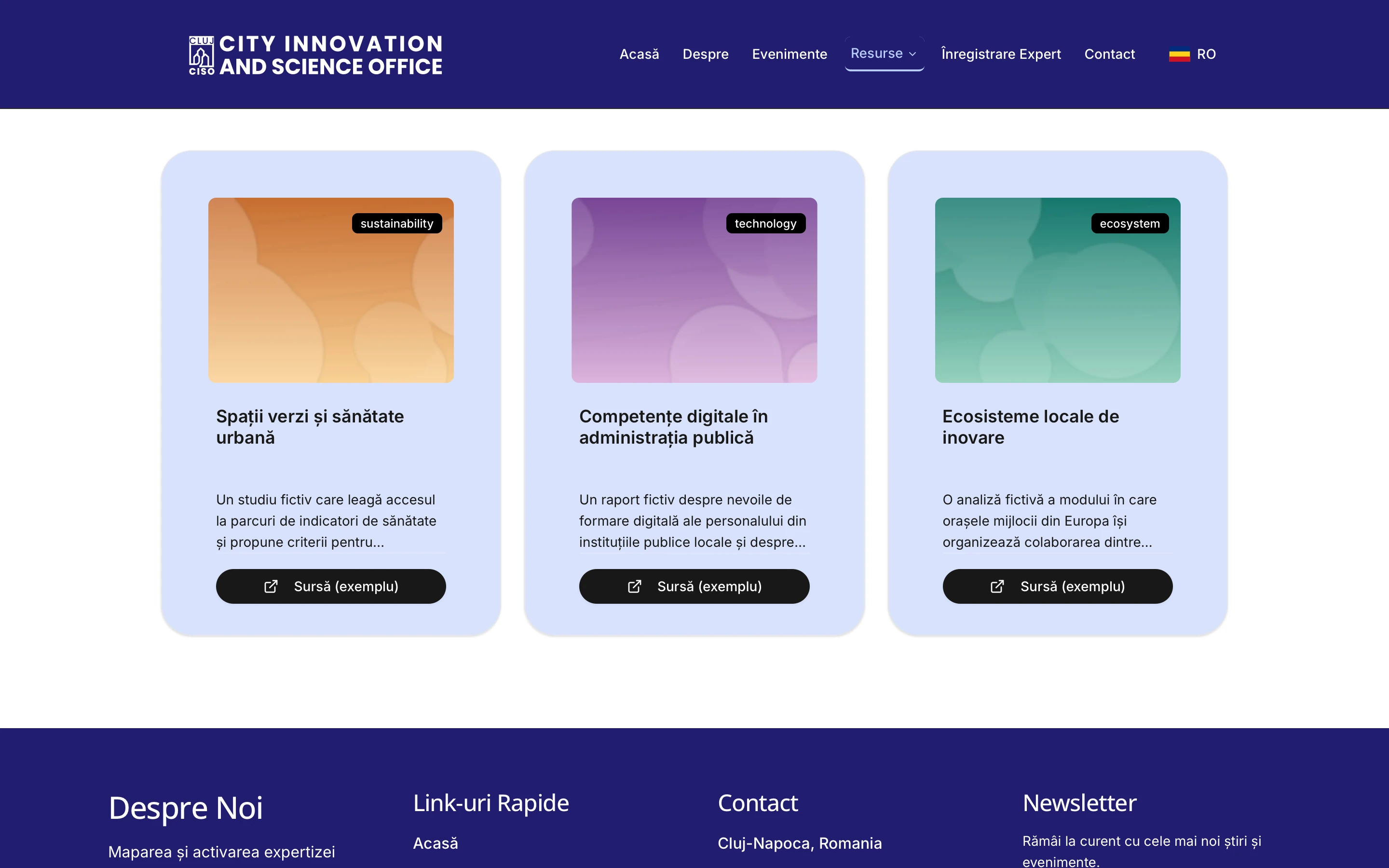 Studies and research page of the CISO platform: a search field, a category filter and study cards, each with a cover, a category tag and links. Demo content.