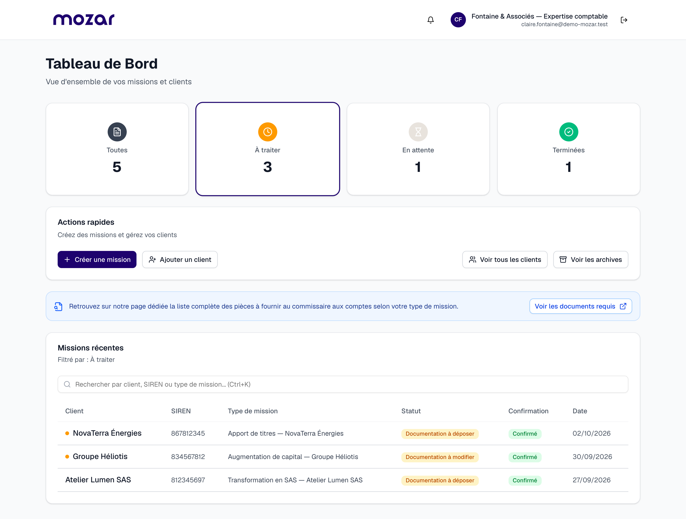 Mozar: an accountant opens a mission from the dashboard and expands its progress; on the phone, an entrepreneur answers the questionnaire and gets an instant quote.