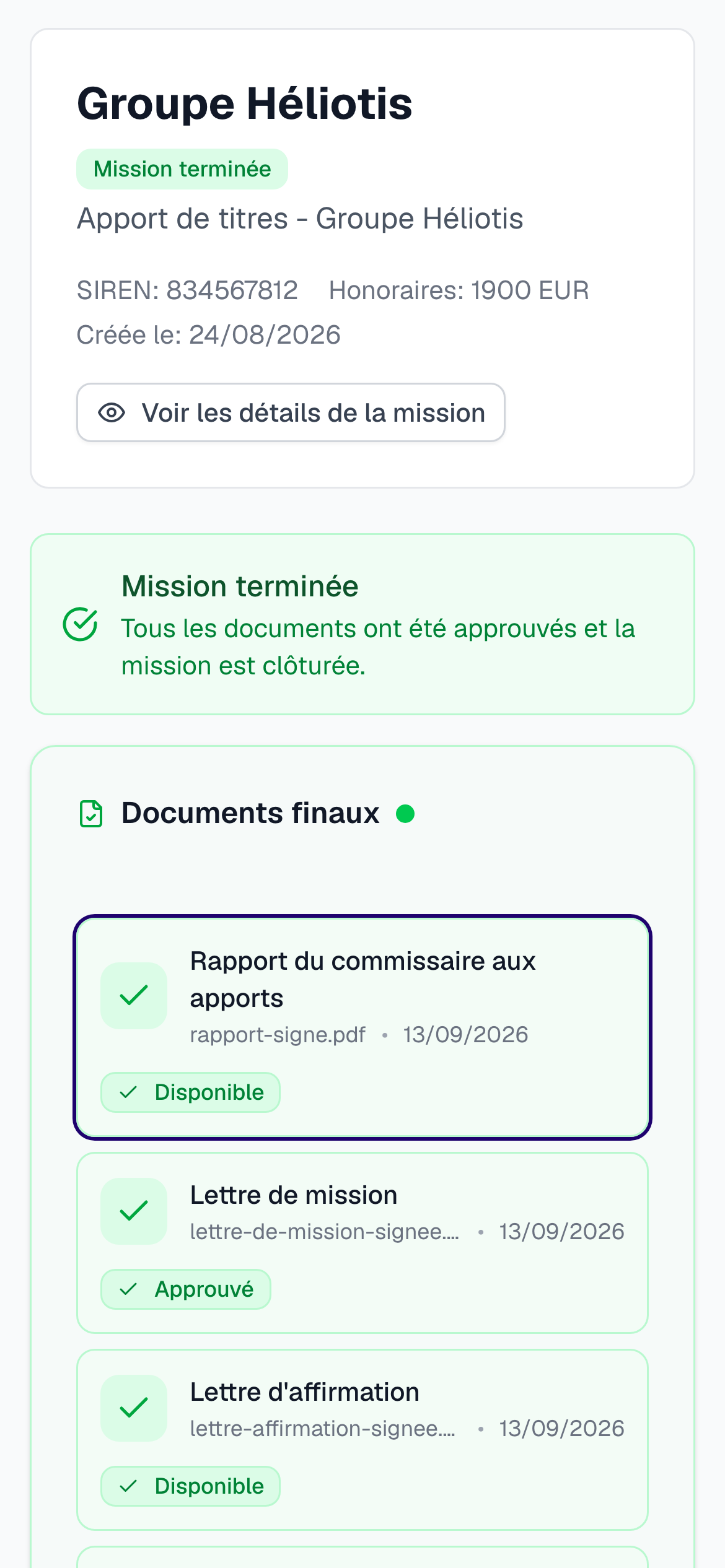 Phone view of a completed Mozar mission: a Mission completed status and a final documents list with the auditor's signed report, the signed engagement letter and the representation letter, each marked available.