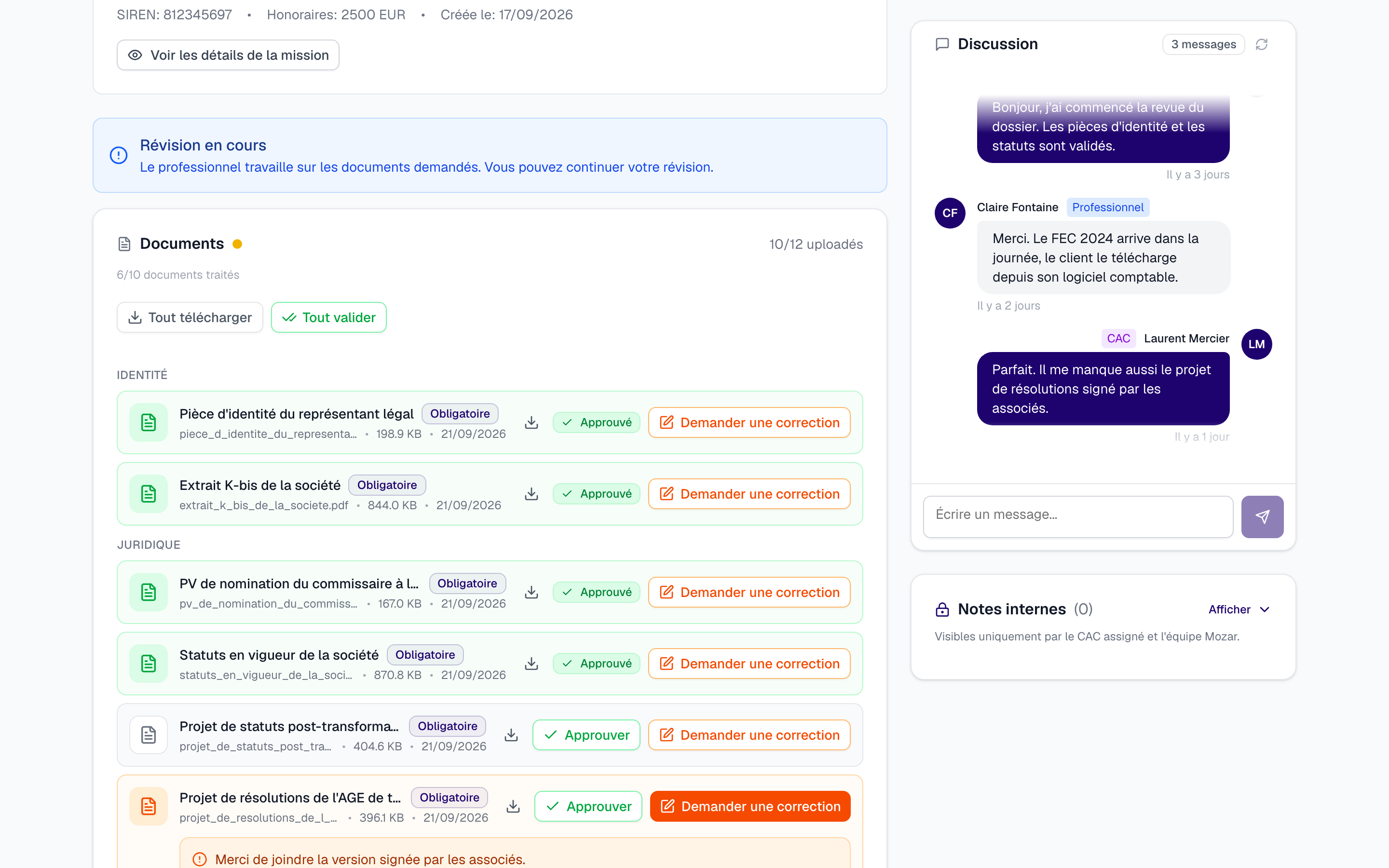 Mozar auditor view of the same mission: each uploaded document with Approve and Request a correction buttons, approved badges, a revision note, a 6 of 10 documents processed counter and the shared discussion.