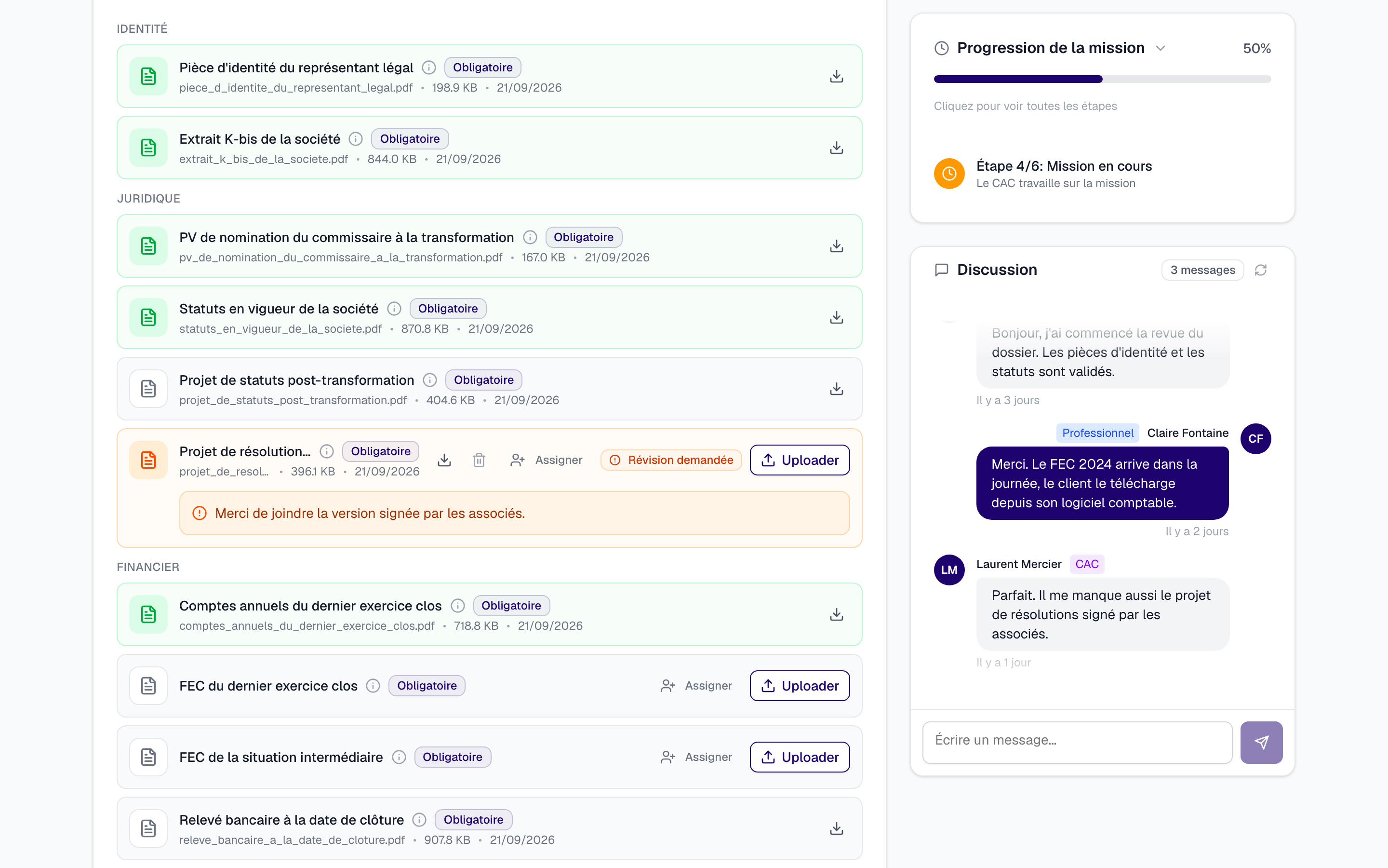 Mozar professional dashboard for one mission: required documents grouped into identity, legal and financial, one document flagged for revision with the auditor's note, mission progress at 50 percent and a discussion thread with the auditor.