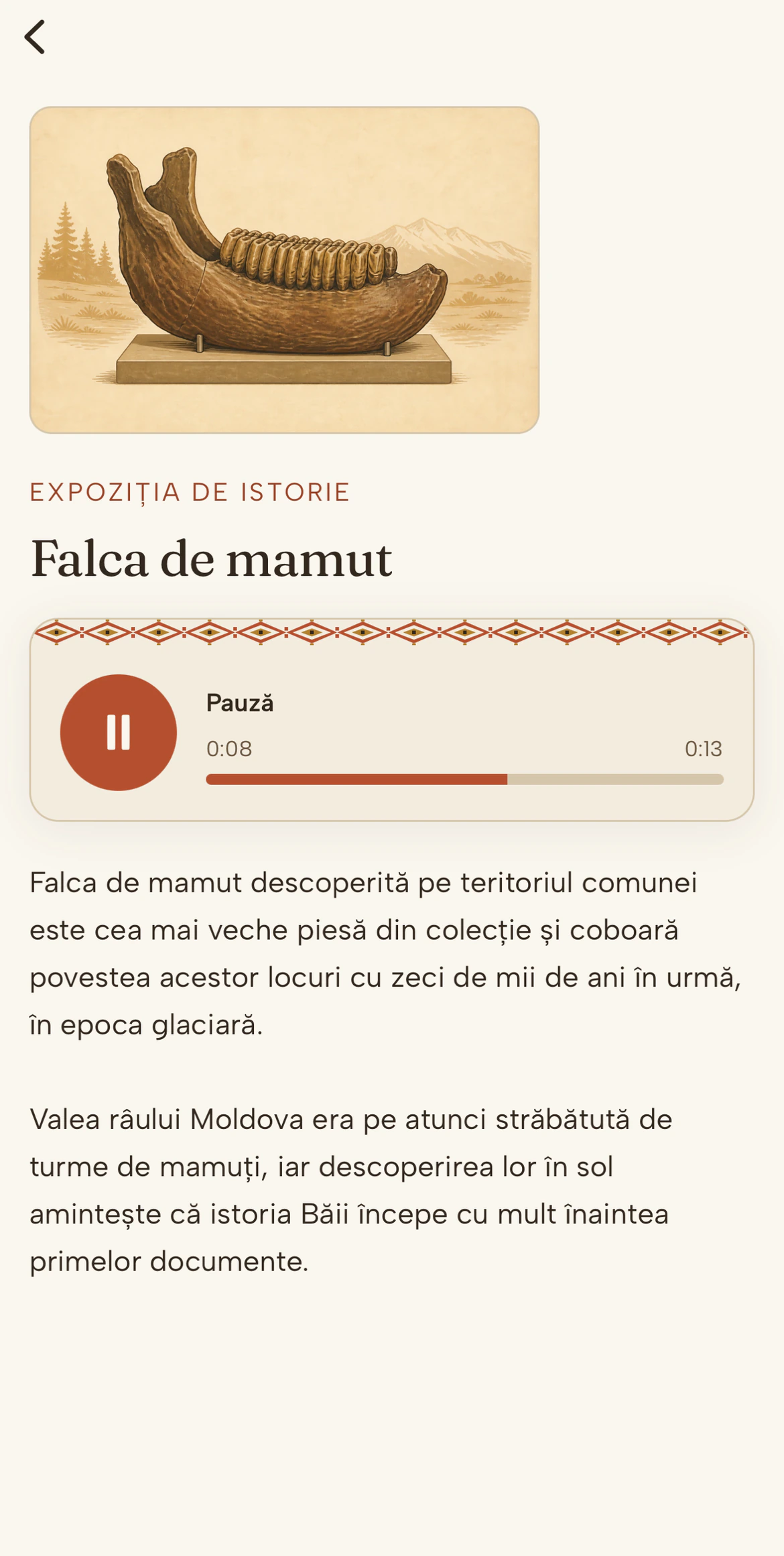 Exhibit screen in the audio guide app: an illustration of the mammoth jaw, its title, a narration player paused at 0:08 of 0:13 and the exhibit text in Romanian.