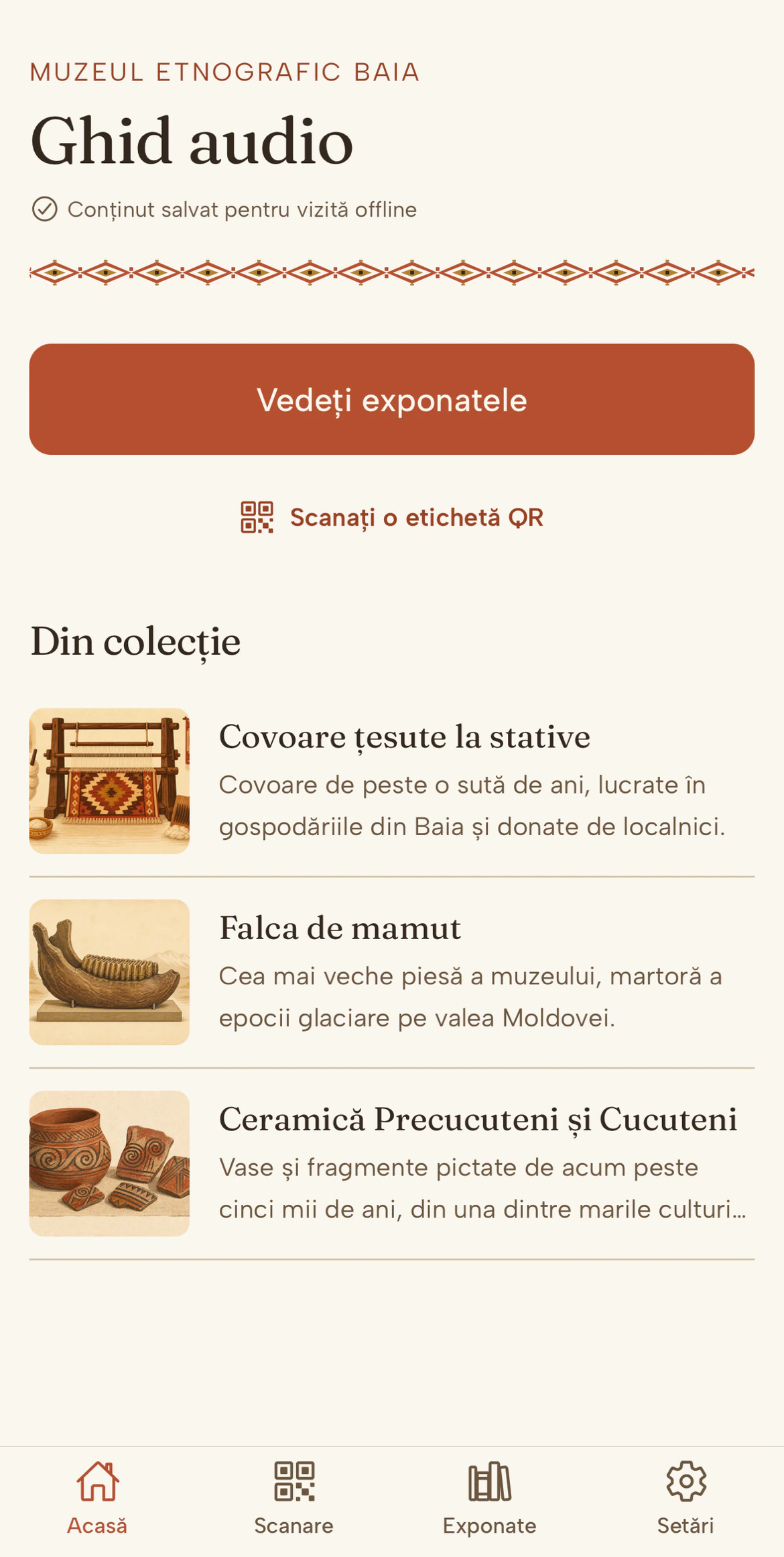 Audio guide app home screen in Romanian: a note that the content is saved for an offline visit, a button to browse exhibits, a QR scan shortcut and three exhibits from the collection.