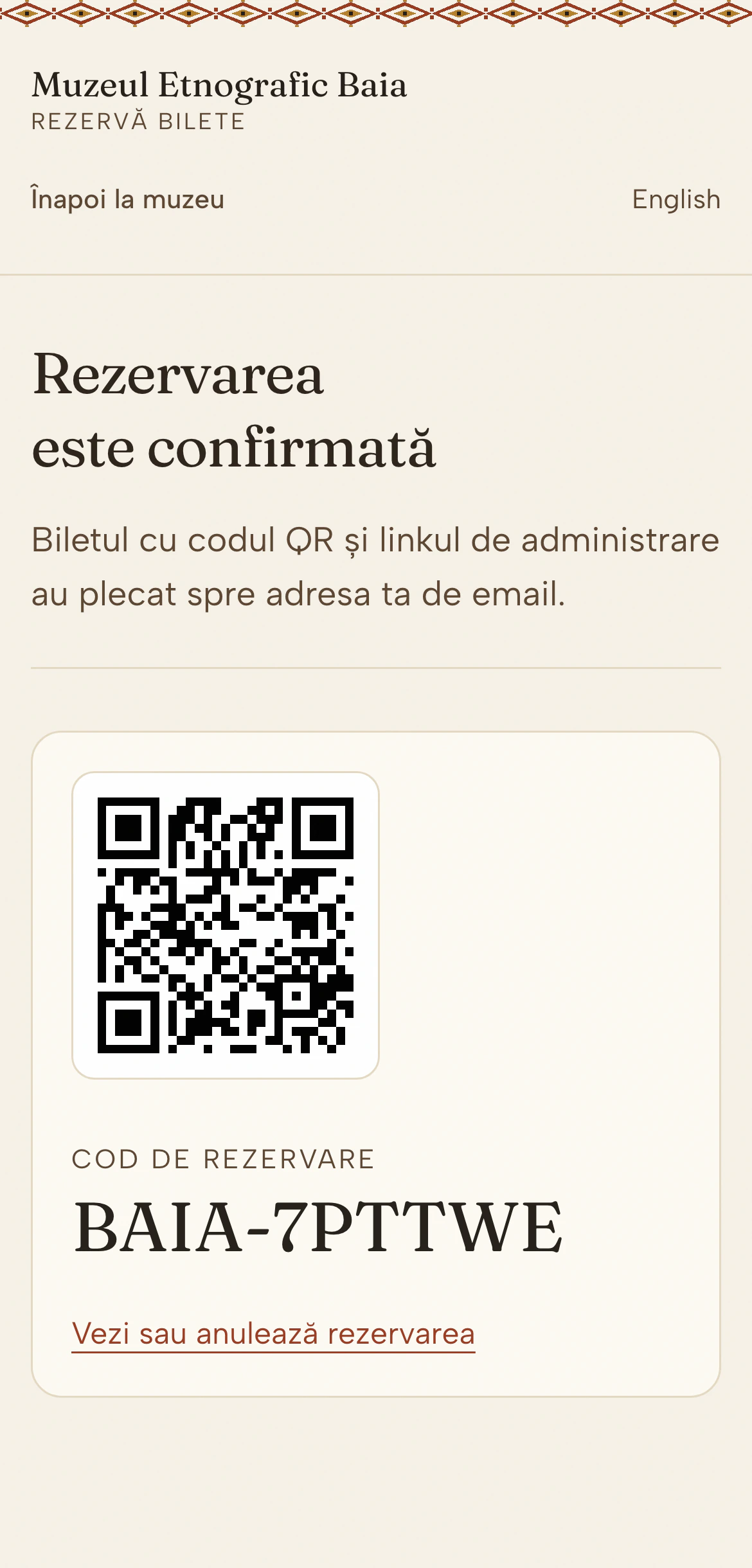 Booking confirmation on a phone: a QR code, the reservation code BAIA-7PTTWE and a link to view or cancel the booking.