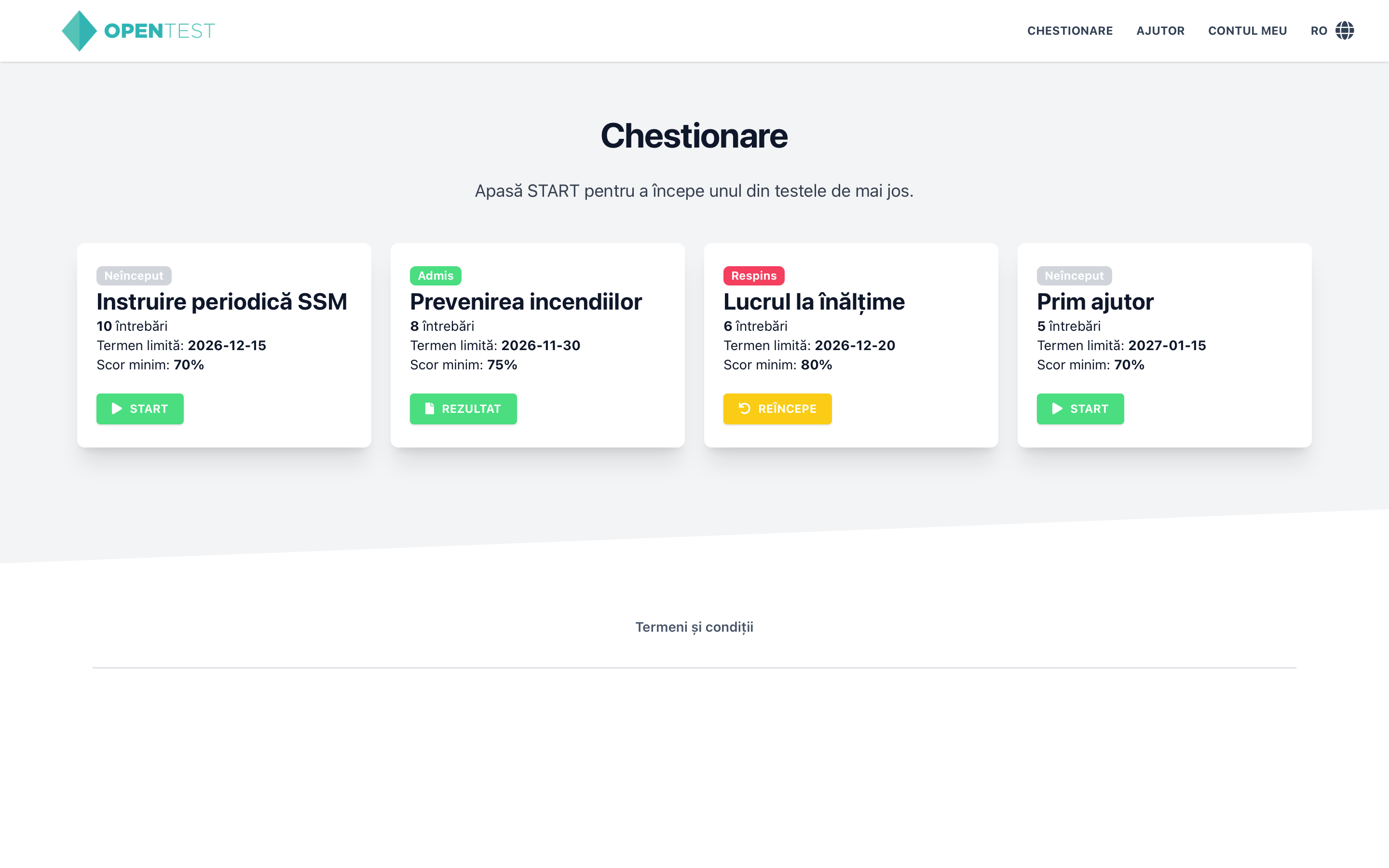 OpenTest: an employee opens a training from the list and studies before the test; on the phone, the test is answered and scored.