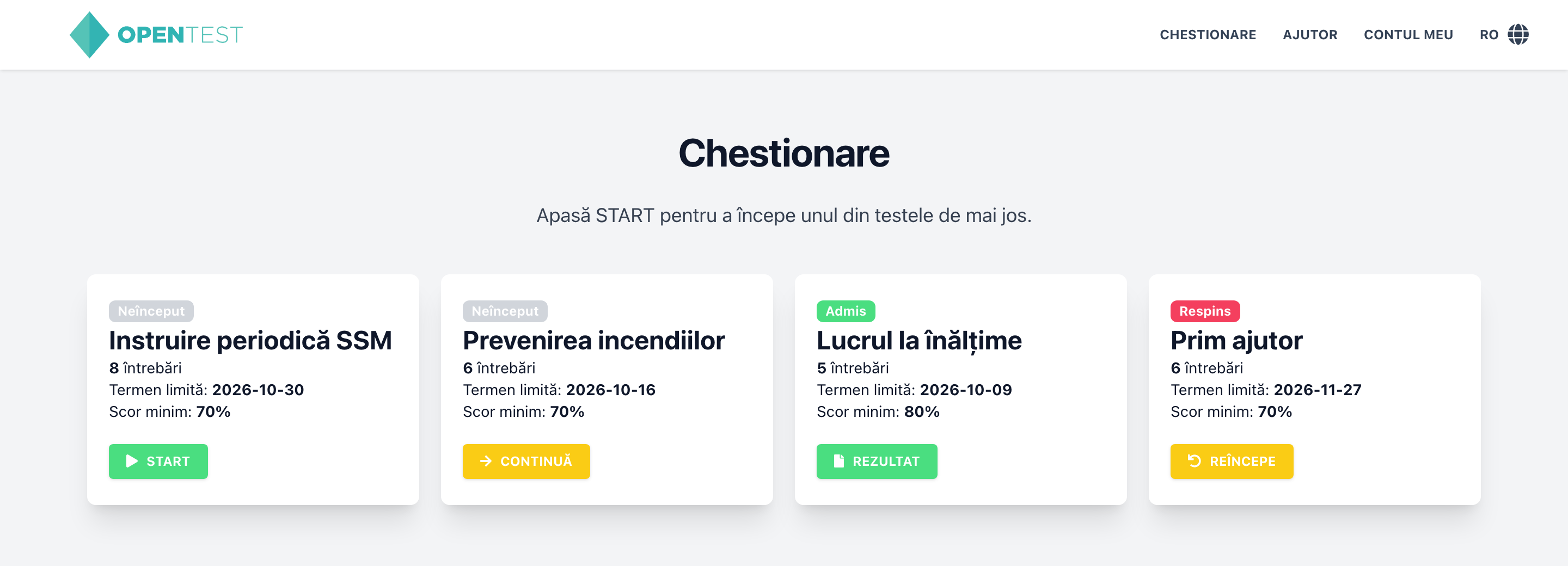 OpenTest quiz list for an employee, in Romanian. Four training cards (periodic OSH, fire prevention, working at height, first aid) show the question count, deadline and minimum score, with the status badges Neînceput, Admis and Respins and the matching Start, Continuă, Rezultat and Reîncepe buttons. Demo data.