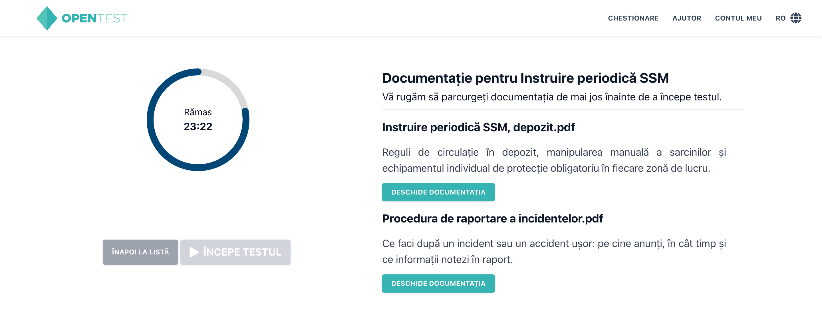 Study page for the periodic OSH training: a countdown ring reads 23:22 remaining, the Începe testul button is greyed out, and two PDF documents are listed with short descriptions and Deschide documentația buttons. Demo content.