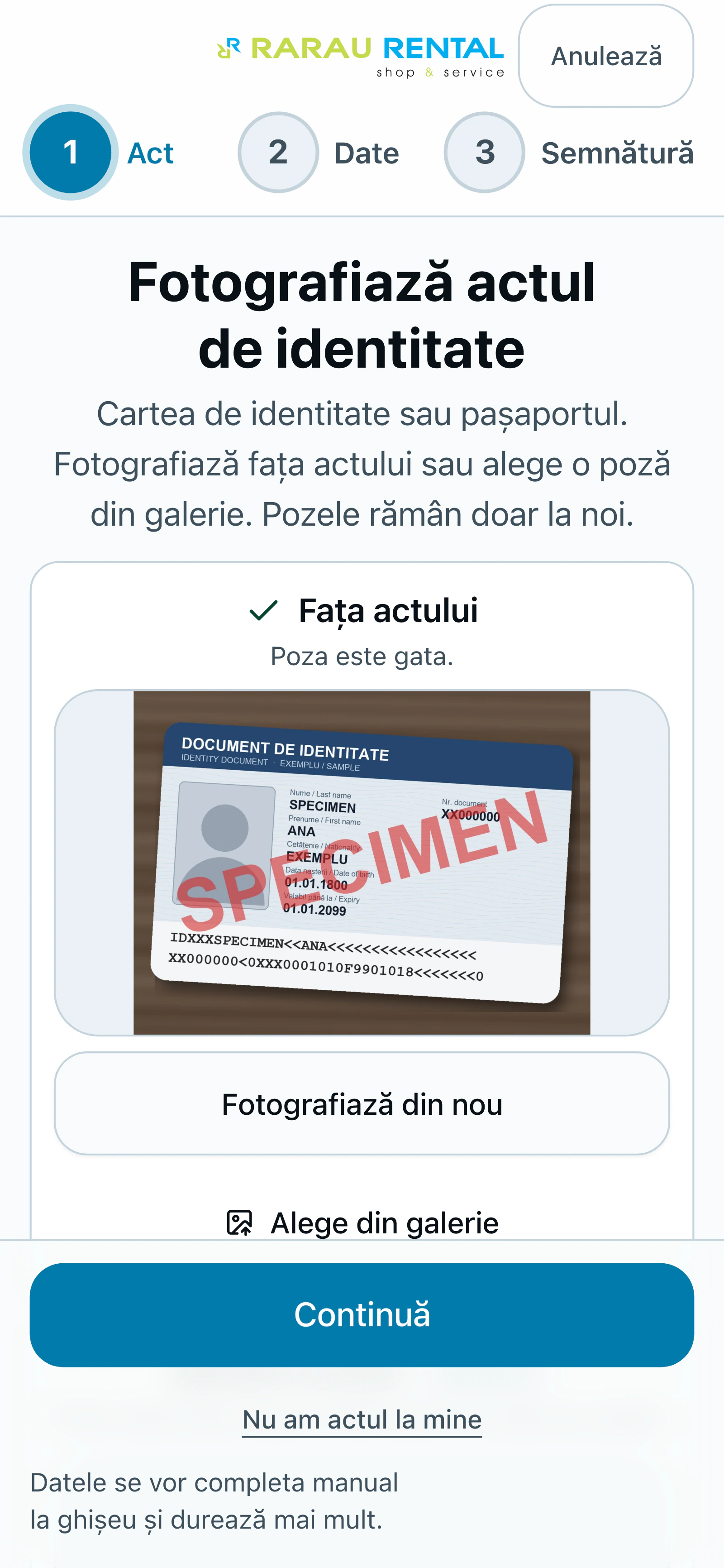 Rarău Rental check-in on a phone, step 1 of 3: a photo of an ID card clearly marked SPECIMEN fills the front-side slot, with a Continue button below.