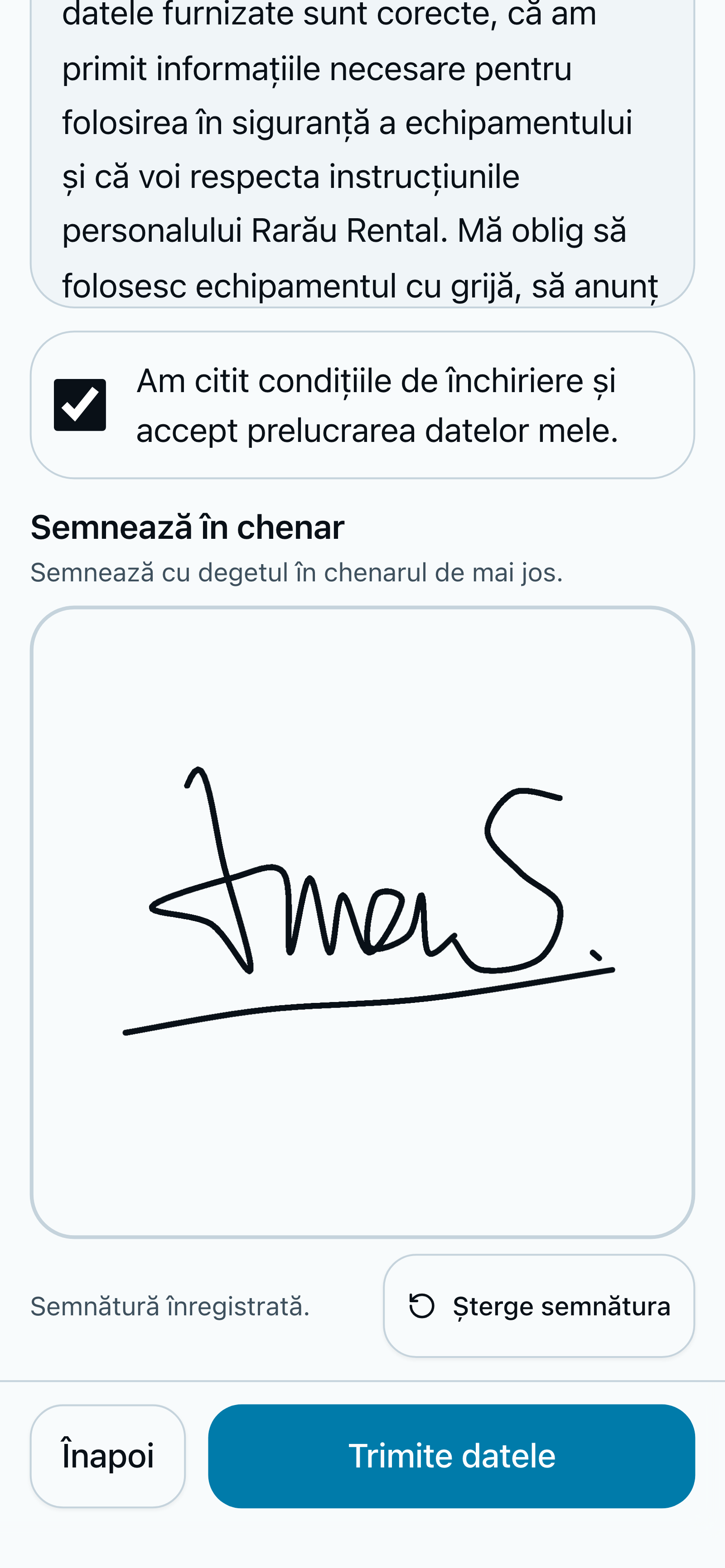 Step 3 of 3 on a phone: the rental terms, a ticked consent checkbox and a signature pad holding a hand-drawn test signature, with a Send button at the bottom.