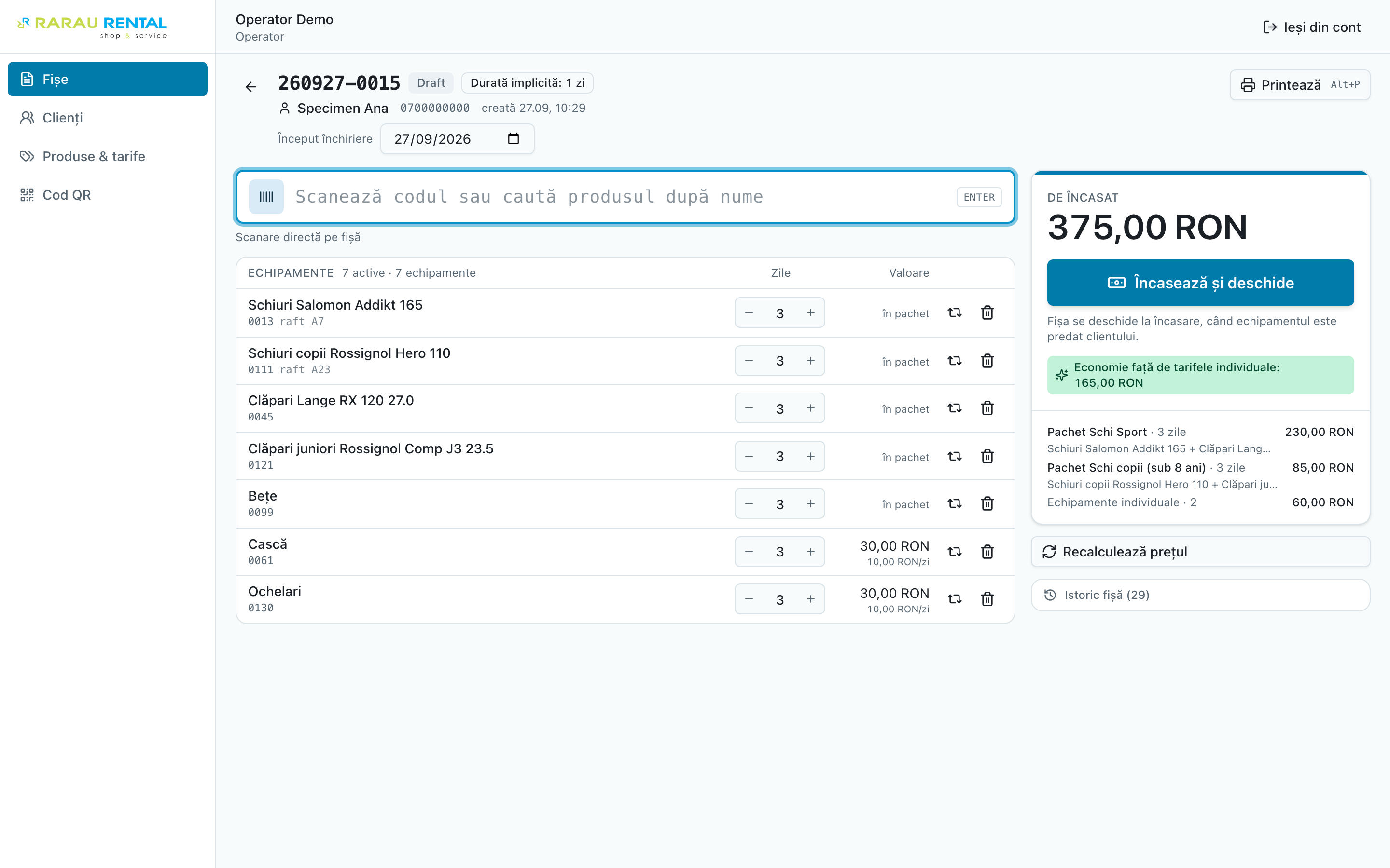 Operator console with draft rental sheet 260927-0015 for a demo customer: seven scanned items for three days and a price panel with two ski packages, 375 RON to collect and 165 RON saved against individual rates.