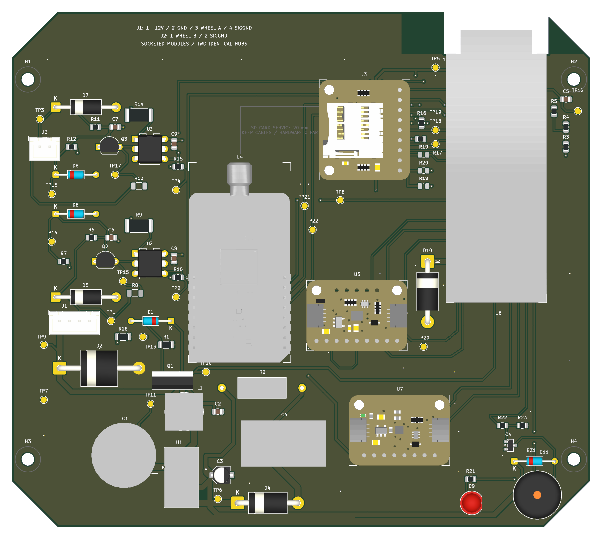 3D render of the hub's carrier board from above: a socketed ESP32 module, a microSD socket, two sensor modules, power input protection, two wheel sensor connectors, a status LED and a buzzer.