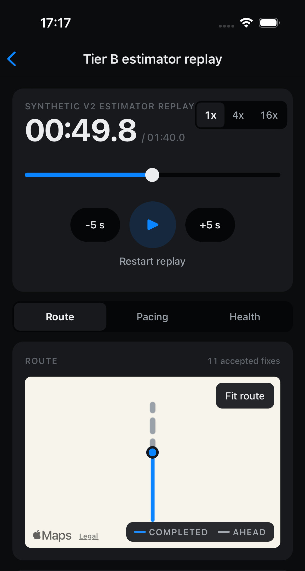 Dark replay screen in the app titled Tier B estimator replay: a synthetic replay at 49.8 of 100 seconds, speed options 1x, 4x and 16x, and a route map with the completed section in blue.