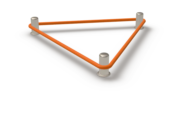 An orange rubber band held taut by three steel pins, one each for AI agents, custom software and cybersecurity.